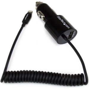 StarTech.com Dual-Port Car Charger with Lightning Cable and USB 2.0 Port - Black