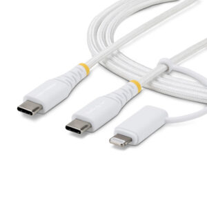 StarTech.com 1m (3ft) 2-in-1 Rugged USB-C Charging Cable with Lightning Adapter, 30W/60W (3A), Apple MFi Certified, Braided USB C Charger Cord for iPhone/iPad/Android